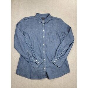 J Crew Denim Shirt Womens L Button Dark‎ Blue Long Sleeve Preppy Pocket